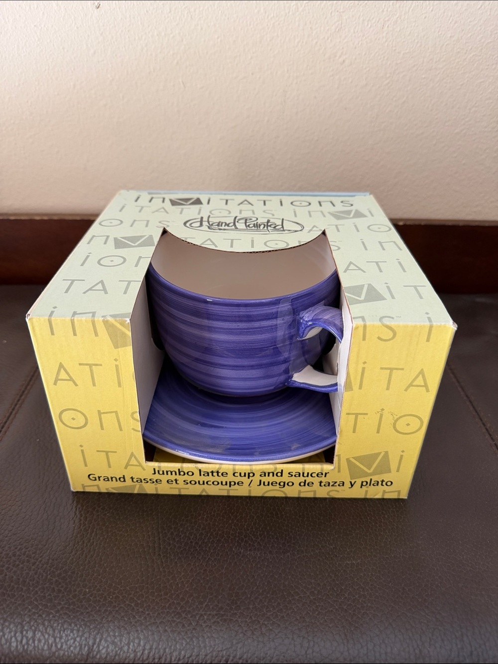 Invitations Hand Painted Jumbo Latte Cup & Saucer Set in a Purple Swirl Design